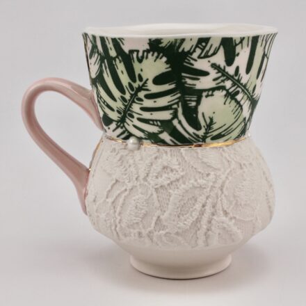 C1452: Main image for Botanical and White Lace Dimple Mug with Pink Handle made by Samantha Briegel