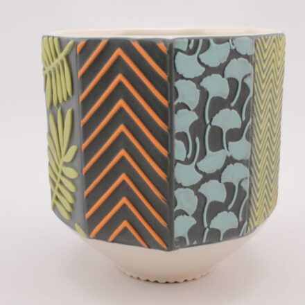 C1483: Main image for Faceted Pattern Cup Dark Grey, Orange, Chartreuse, Turquoise made by Kelly Justice